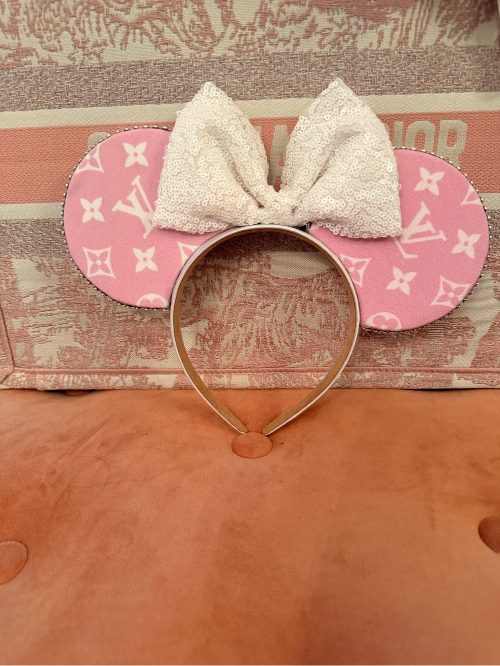 Handmade LV Pink Minnie-Style Sequin Bow Headband